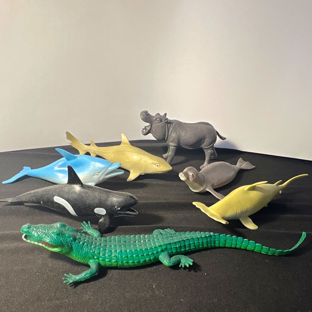 Lot of 7 Plastic Marine Animal Figures- Sharks Dolphin Orca Seal Hippo Croc